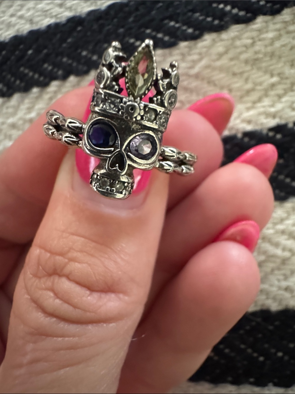 Sterling Skull Crown Ring in Silver with Pink Accent